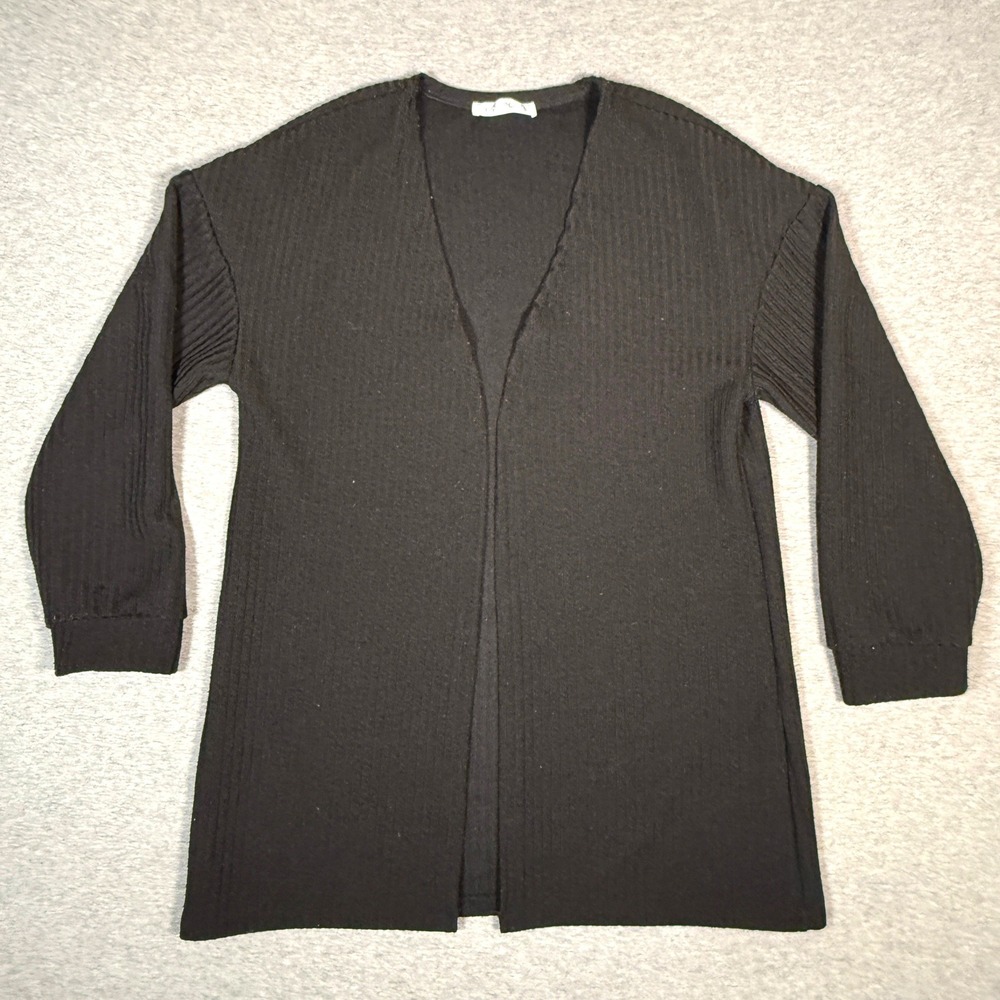 AQ-SPORT Womens Black Ribbed Open Front Cardigan Sweater Size L Drop Shoulder